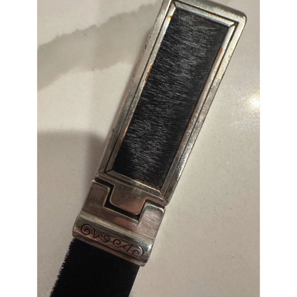 Brighton Womens Black Calf Hair Skinny Belt‎ Silver Scroll Buckle Size S 28